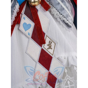 Sparxie cosplay costume skirt patchwork detail with red and white diamonds, heart and rabbit embroidery, and red ribbon