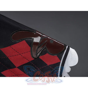 Sparxie cosplay costume headpiece close-up with black rabbit ear top hat on red and black argyle diamond patterned cape