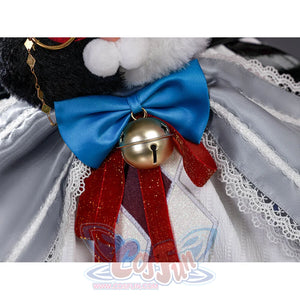 Sparxie cosplay costume rabbit plush close-up showing bright blue bow tie and gold jingle bell with red ribbon accent