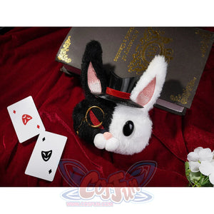 Sparxie cosplay costume rabbit plush doll accessory with top hat and monocle, displayed on red velvet with playing cards