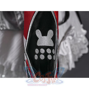 Sparxie cosplay costume sleeve cuff close-up with white embroidered rabbit silhouette and dot pattern on black fabric