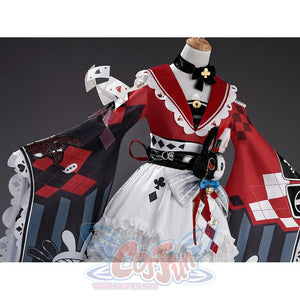 Sparxie cosplay costume upper body side view showing card patterned sleeves, black belt with rabbit, and lace skirt