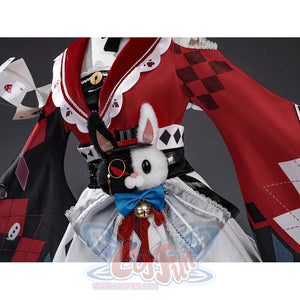 Sparxie cosplay costume waist close-up with white rabbit plush wearing top hat, blue bow, and bell accent on black belt