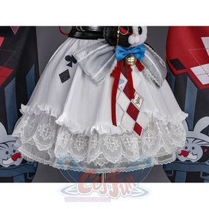 Sparxie cosplay costume white lace petticoat skirt close-up with layered ruffles and card suit embroidery details