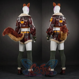 Displays two back views of the outfit, showcasing the design on the back of the jacket and the tail from behind.