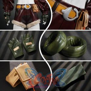 Displays close-ups of various small accessories like the belt buckle, pouches, gloves, and leg cuffs.