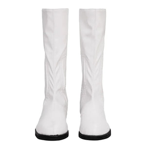 Star Princess Leia Cosplay Boots, white knee-high boots with black soles, front view.