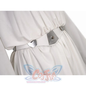 Star Princess Leia Cosplay Costume, White PU leather belt with sliver geometric decorations.