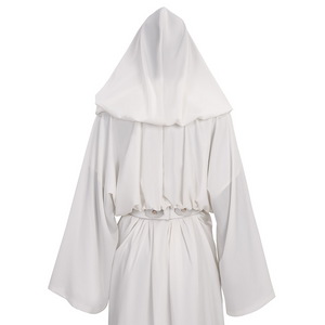 Star Princess Leia Cosplay Costume, white hooded robe and matching belt, back view.