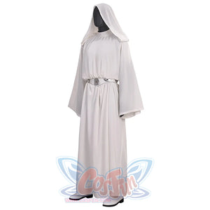 Star Princess Leia Cosplay Costume, the robe and hood were both loose, left side view.