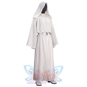 Star Princess Leia Cosplay Costume, the robe has slits on both sides of the hem, right side view.