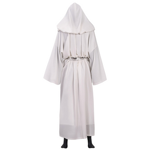 Star Princess Leia Cosplay Costume, white hooded robe and matching belt, back view.