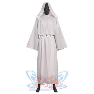 Star Princess Leia Cosplay Costume, white hooded robe and matching belt, front view.
