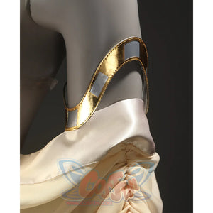 Star Wars: Episode 2 Padmé Amidala Cosplay Costume, the sleeves are gold wave-shaped rings with sliver decorations.