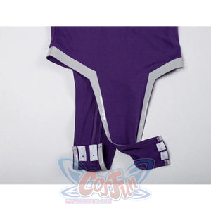 Starfire cosplay bodysuit flat lay showing V-shaped silver trim, snap closure, and purple leg socks with silver trim