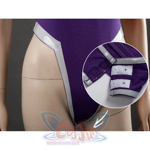Starfire cosplay bodysuit bottom closure detail with circular inset showing silver snap buttons and purple fabric trim