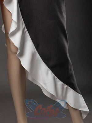 Starfire cosplay costume close-up of asymmetric black skirt with white ruffle lining along the diagonal hem edge