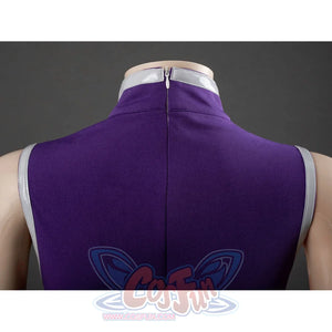Starfire cosplay costume back neck close-up showing silver collar trim and back zipper on purple dress