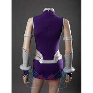 Starfire cosplay costume upper back view showing silver back armor belt, purple dress, and arm guards with fur trim