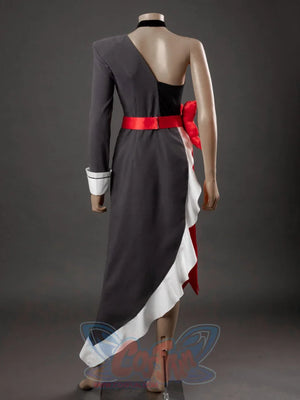 Starfire cosplay costume back view on mannequin, gray one-sleeve jacket dress with red bow waist and white ruffle hem