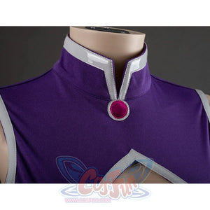 Starfire cosplay costume close-up of purple high collar with silver V-trim and red gem brooch at the chest