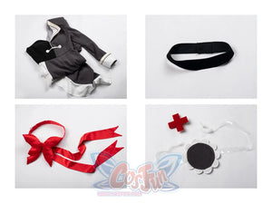 Starfire cosplay costume complete set flat lay showing jacket dress, black choker, red satin bow, and accessories