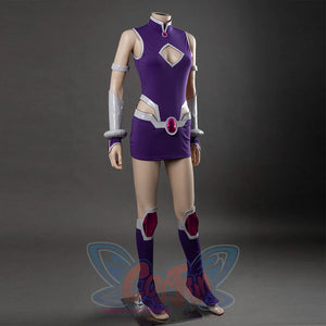 Starfire cosplay costume full length front view, purple mini dress with diamond cutout, silver arm guards, and gem belt