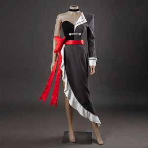 Starfire cosplay costume on mannequin, asymmetric black dress with white trim, red sash belt, and choker