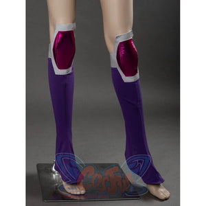 Starfire cosplay costume leg accessories showing purple leg socks with pink metallic knee guard caps and silver trim