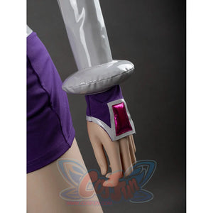 Starfire cosplay costume wrist close-up showing purple fingerless glove with rectangular pink gem and silver trim