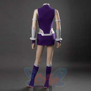 Starfire cosplay costume back view on mannequin, purple dress with open back, silver arm guards, and knee armor