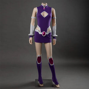 Starfire cosplay costume full front view on mannequin, purple dress with silver arm guards, pink gem belt, and knee guards