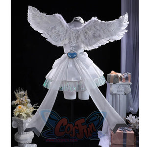 Back view of Stocking Cosplay Costume showing spread angel wings and iridescent skirt details