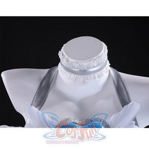 Close-up of Stocking Cosplay Costume white ruffled collar with gray satin shoulder straps