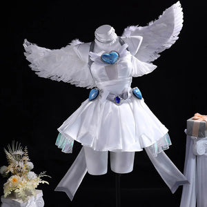 White angel Stocking Cosplay Costume with feathered wings, layered dress, and blue heart gems
