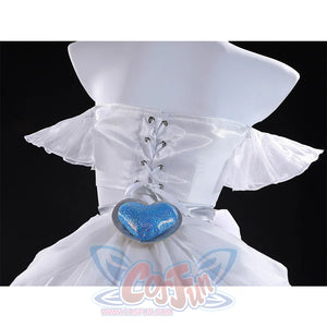 Stocking Cosplay Costume back detail showing white corset lacing and blue heart gem