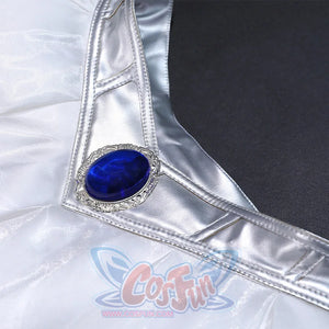 Stocking Cosplay Costume fabric detail showing gray satin with blue gem and silver trim