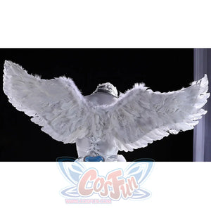 Close-up of white feathered angel wings included with Stocking Cosplay Costume
