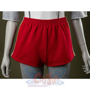 Shorts front: Eleven Cosplay Costume red side-striped shorts.