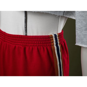 Shorts detail: Eleven Cosplay Costume red side-striped shorts close-up.