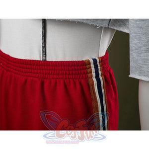 Shorts detail: Eleven Cosplay Costume red side-striped shorts close-up.