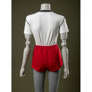 Back view: Eleven Cosplay Costume with T-shirt and red side-striped shorts.