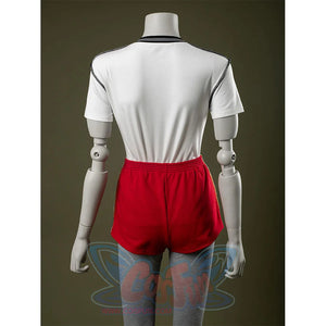 Back view: Eleven Cosplay Costume with T-shirt and red side-striped shorts.