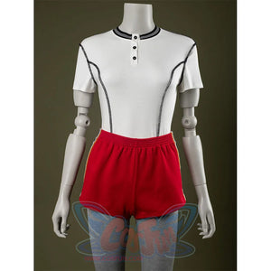 Front view: Eleven Cosplay Costume with T-shirt and red side-striped shorts.