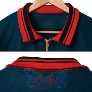 Stranger Things Will Byers Cosplay Costume Jacket, close-up of collar, showing red and black ribbing