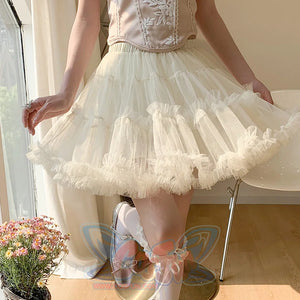 Summer mesh high-waist tulle layered cake skirt in apricot, A-line puffy design.