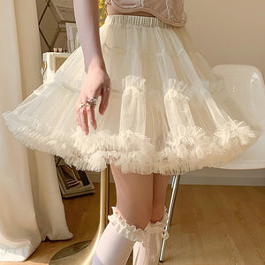 Summer mesh high-waist tulle layered cake skirt in apricot, A-line puffy design.