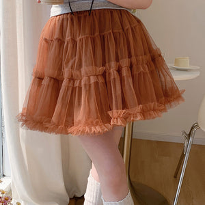Summer mesh high-waist tulle layered cake skirt in khaki, A-line puffy design.