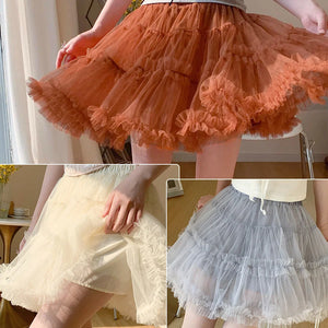 Collage of three tutu skirts in different colors: khaki, apricot, and blue.