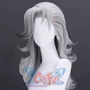 Side view of Susan Storm cosplay wig. Showcases silver - gray, wavy texture, with layers flowing along the side and hints of darker tones in the curls